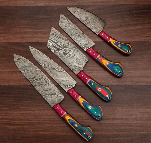 Handmade Damascus chef Knife Set of 5 PCS With Leather Sheath - Image 2