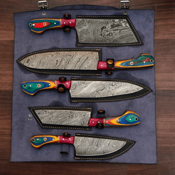 Handmade Damascus chef Knife Set of 5 PCS With Leather Sheath - Image 4