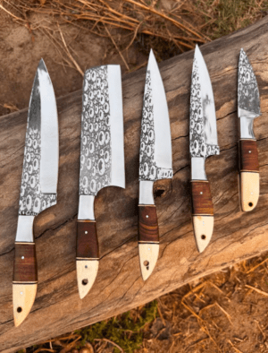 Hand Forged Damascus Kitchen Knife Set | Bone & Rosewood Handles