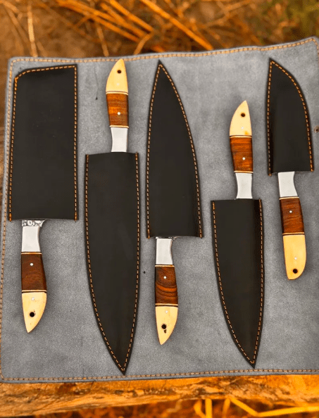 Hand Forged Damascus Kitchen Knife Set | Bone & Rosewood Handles - Image 2