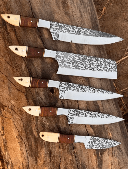 Hand Forged Damascus Kitchen Knife Set | Bone & Rosewood Handles - Image 4