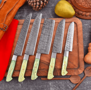 Custom Engraved Damascus Steel Chef Knife Set with Handmade Leather Roll