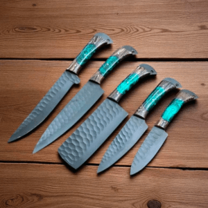 Handmade Damascus Steel Chef Knife Set: Forged Kitchen Knives with Leather Roll