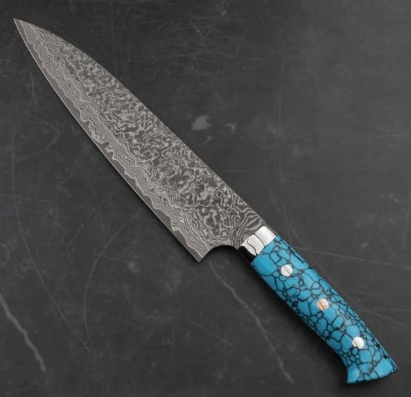 Handmade Raindrop Damascus steel Chef Knife and Turquoise stone Handle with leather sheath/ Chef knife/Japanese Chef/Rare chef knife Replica