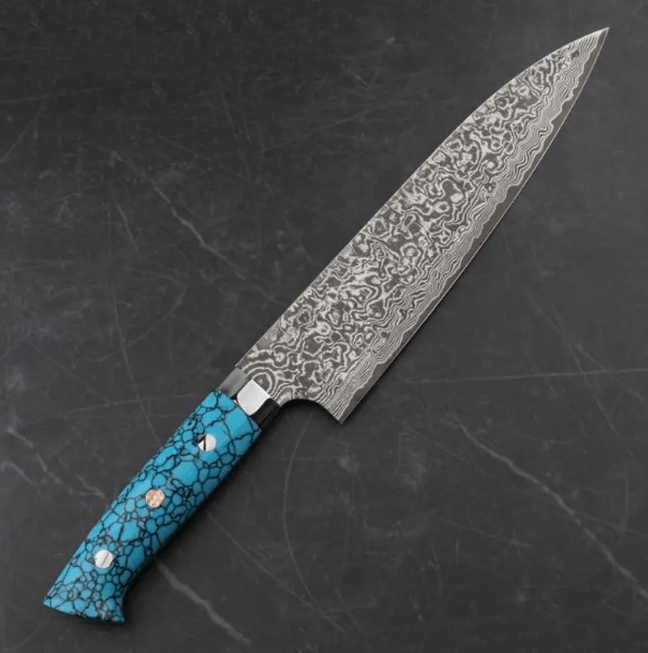 Handmade Raindrop Damascus steel Chef Knife and Turquoise stone Handle with leather sheath/ Chef knife/Japanese Chef/Rare chef knife Replica - Image 2