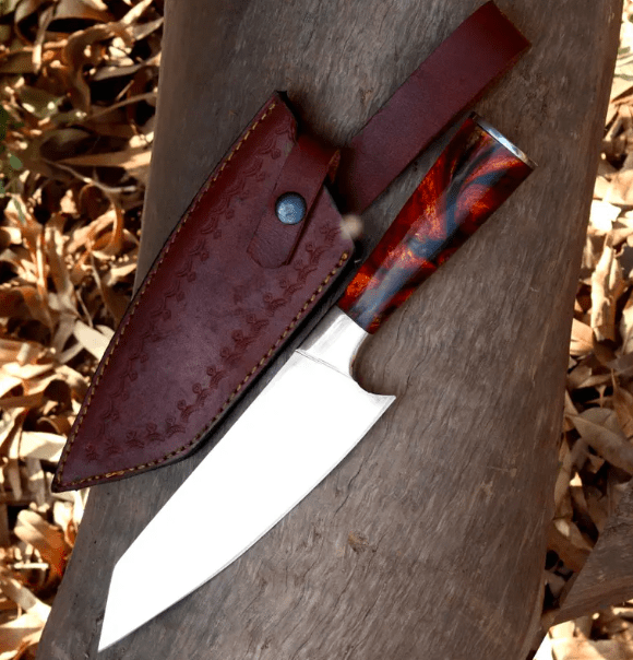 Handmade High Carbon Steel Chef Knife: Resin Handle & Leather Sheath