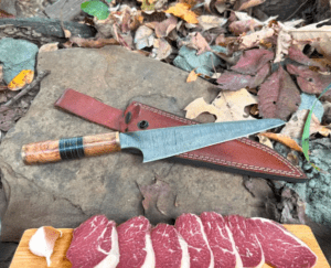 Personalized Damascus Chef Knife: Engraved Kitchen Knife, Leather Sheath