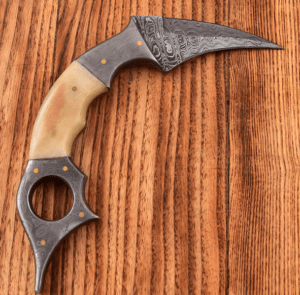 Handmade Damascus Steel Karambit: Bone Handle, Leather Cover