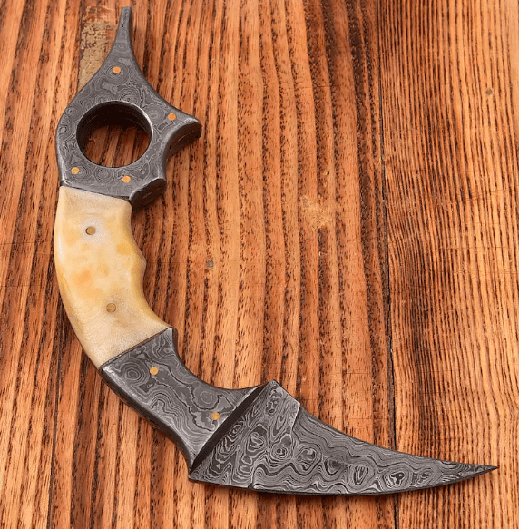 Handmade Damascus Steel Karambit: Bone Handle, Leather Cover - Image 2