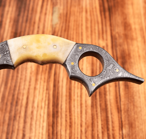 Handmade Damascus Steel Karambit: Bone Handle, Leather Cover - Image 4