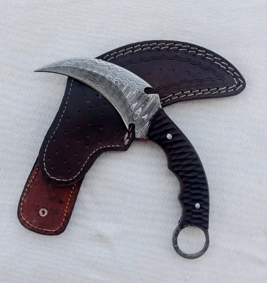 Handmade Damascus Karambit Knife: Full Tang Claw Blade, Leather Sheath