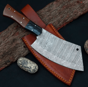 Handmade Damascus Butcher Knife: Forged Cleaver with Leather Sheath