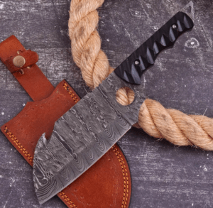 Handmade Damascus Steel Cleaver Knife: 7-inch Butcher Knife with Leather Sheath