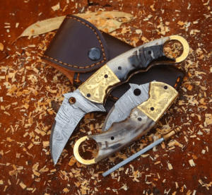 Damascus Steel Karambit Pocket Knife – Folding Knife with Ram Horn Handle, Handmade EDC Knife, Hunting, Camping, Survival or Birthday Gift