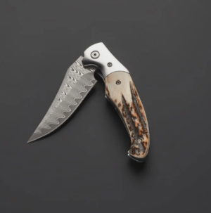 Handmade Damascus Folding Knife: Stag Horn Handle, Leather Sheath