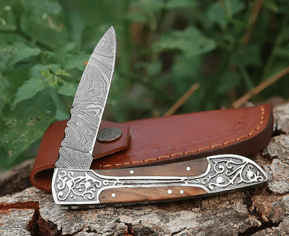 Handmade Damascus pocket knife Olive wood handle birthday gift folding knife Groomsmen anniversary wedding gift for dad friendship gift
