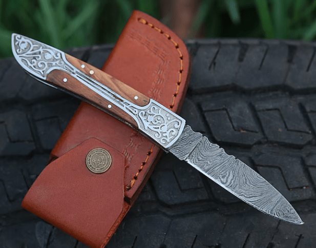 Handmade Damascus pocket knife Olive wood handle birthday gift folding knife Groomsmen anniversary wedding gift for dad friendship gift - Image 4