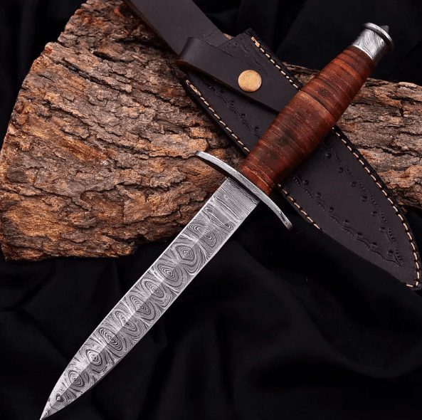 Hand Forged Damascus Steel Dagger Hunting Knife - Leather Stacked Handle - Image 2