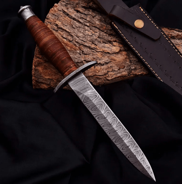 Hand Forged Damascus Steel Dagger Hunting Knife - Leather Stacked Handle - Image 3