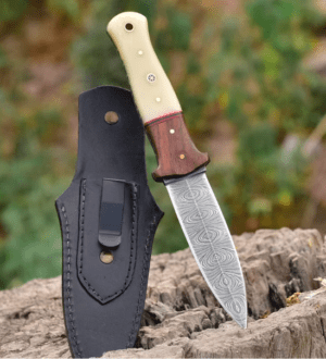 Handmade Damascus Steel Hunting Dagger – Double Edge Fixed Blade Knife – EDC Boot Knife with Clip & Leather Sheath – Ideal for Camping