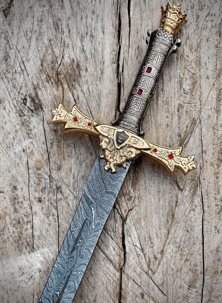 Handmade Damascus Steel Templar Knight Sword | Crown Sword Replica with Leather Sheath | Collectible Handmade Sword | Unique Gift for Him - Image 2