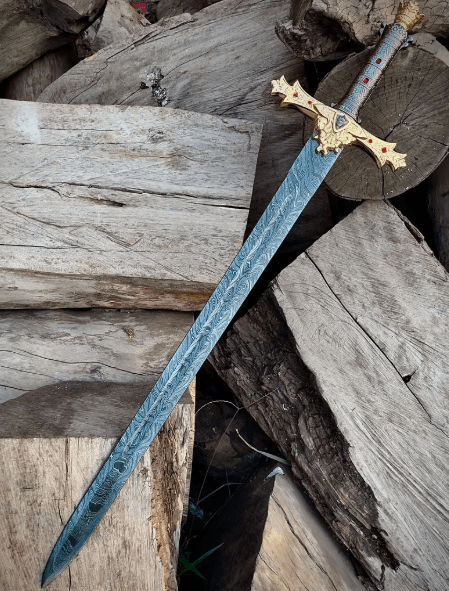 Handmade Damascus Steel Templar Knight Sword | Crown Sword Replica with Leather Sheath | Collectible Handmade Sword | Unique Gift for Him - Image 4