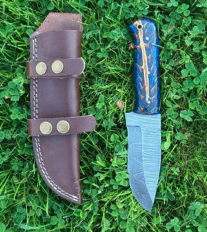 Fixed Blade Blue Skinning Knife: Full Tang Damascus Skinner Knife, Chefs Gift
