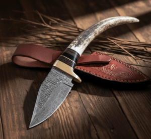 Custom Damascus Steel Skinner Knife | Genuine Stag Antler Handle | Hand Forged Bushcraft Collector Tool