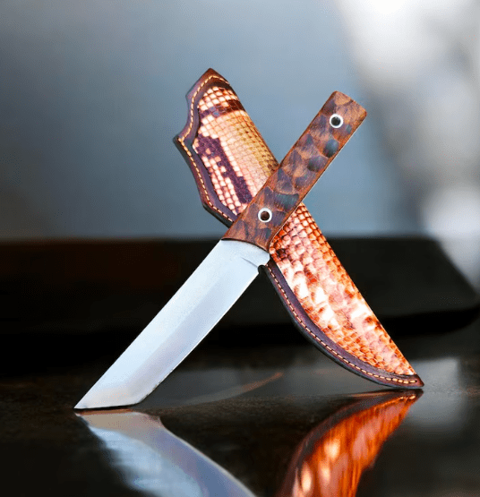 Handmade Tanto Knife: Stainless Steel, Walnut Handle, Leather Sheath