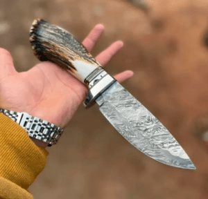 Custom Hand Made Damascus Antler Deer Horn Crown Handle Hunting Knife With Case | Best Gift For Him