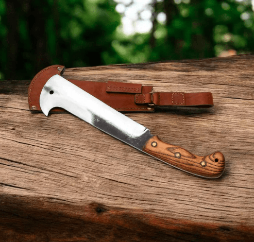 Handmade High Carbon Steel bushcraft Machete: Wood Handle & Leather Sheath