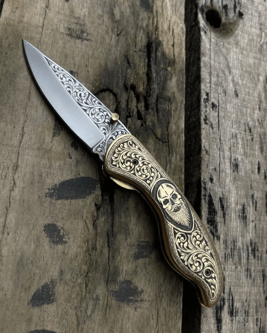 Hand-Engraved Folding Knife: D2 Steel Blade, Brass Handle, Leather Sheath - Image 2