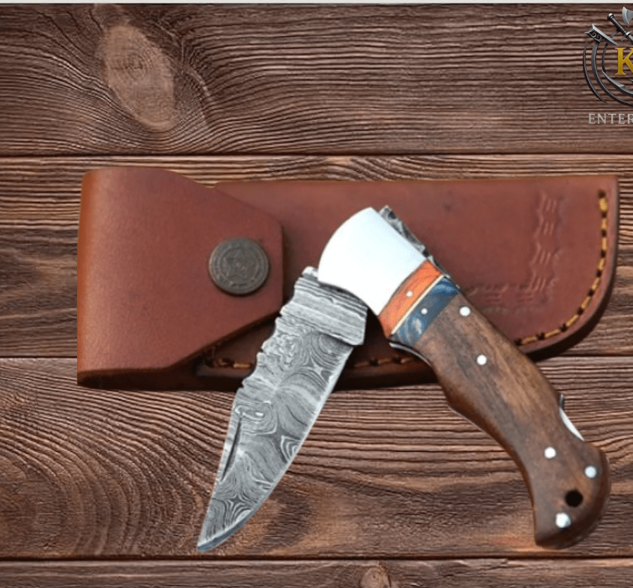 Handmade Damascus Pocket Knife Rose Wood Handle Birthday Gift Folding Knife Groomsmen Gift Anniversary Wedding Personalized Gift for Men