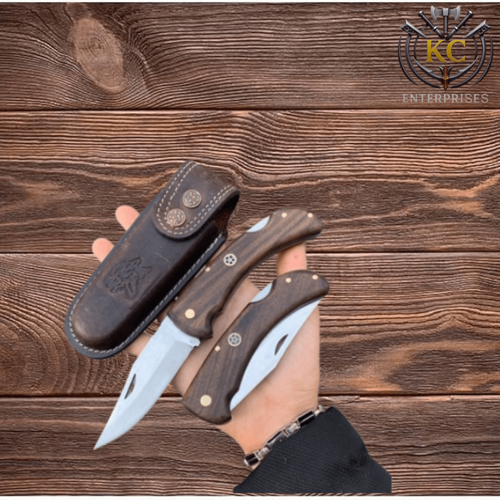 Handmade Hunting Folding Pocket Camp Knife Fishing Knife 4116 German Stainless Steel, Leather Sheath