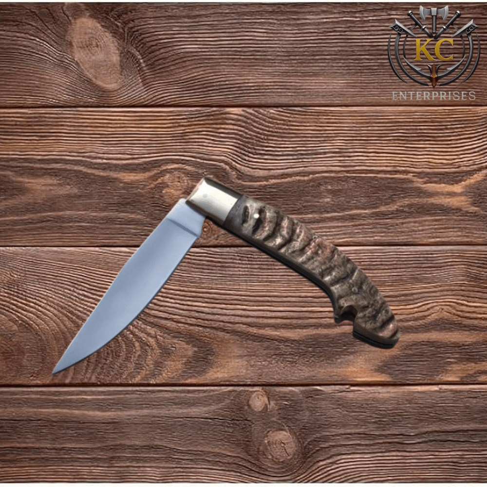 Handmade J2 Stainless Steel Folding Knife: Ram Horn Handle, Leather Sheath