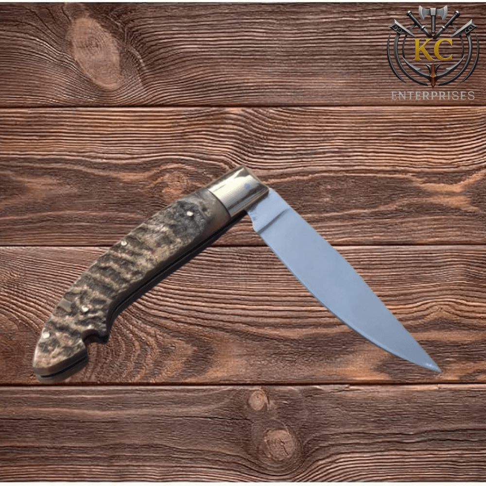 Handmade J2 Stainless Steel Folding Knife: Ram Horn Handle, Leather Sheath - Image 3