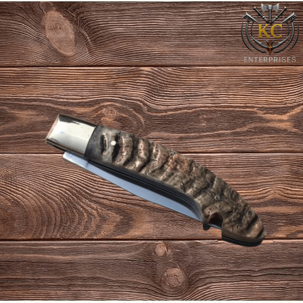 Handmade J2 Stainless Steel Folding Knife: Ram Horn Handle, Leather Sheath - Image 2