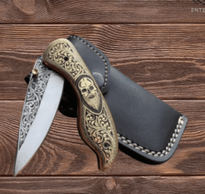 Hand-Engraved Folding Knife: D2 Steel Blade, Brass Handle, Leather Sheath