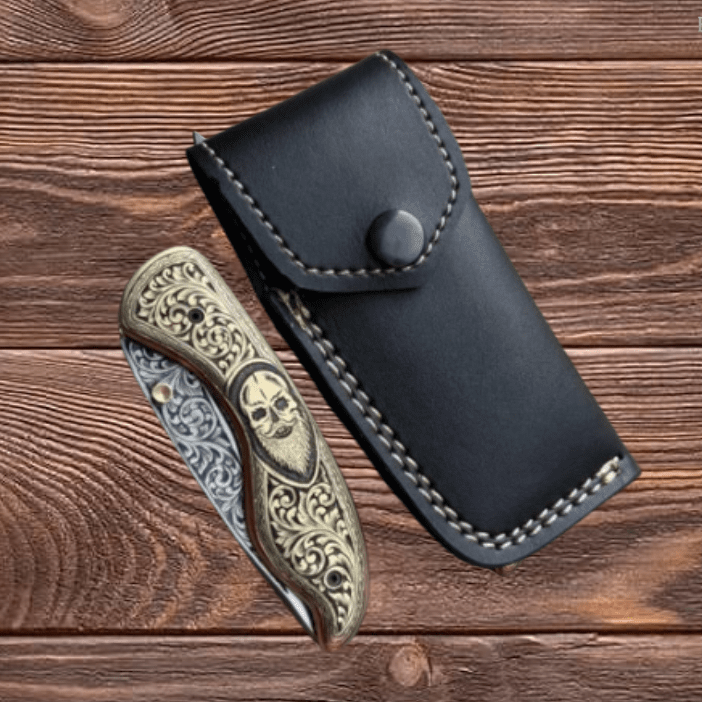 Hand-Engraved Folding Knife: D2 Steel Blade, Brass Handle, Leather Sheath - Image 5