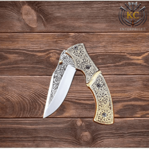 Handmade Engraved Brass Handle Folding Knife: D2 Steel Blade