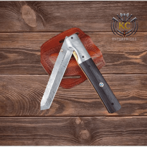 Handmade Damascus Steel Tanto Folding Knife: Wenge Wood Handle