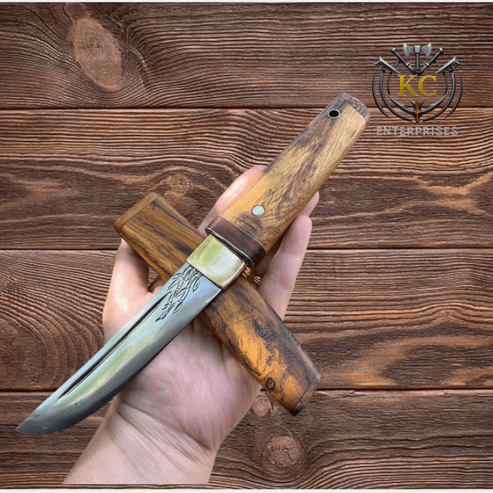 Hand Forged Aikuchi Tanto Knife 5.4'', Cassia Handle, Brass Habaki