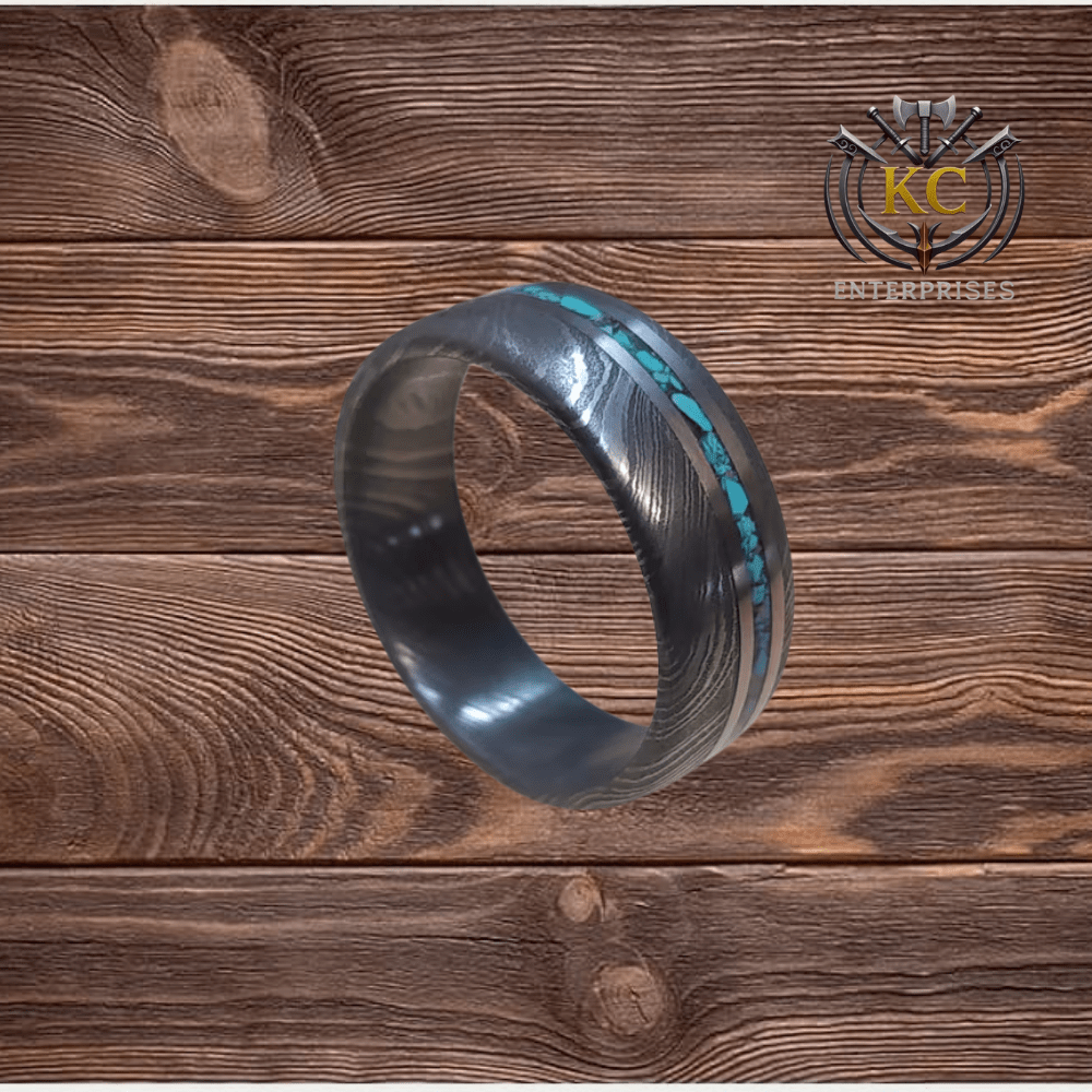 Handmade Damascus Steel Ring with Titanium & Turquoise Inlay - Image 2