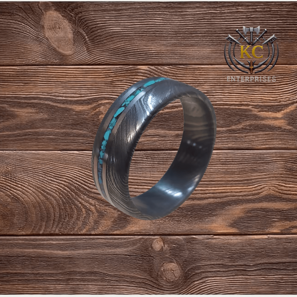 Handmade Damascus Steel Ring with Titanium & Turquoise Inlay - Image 3