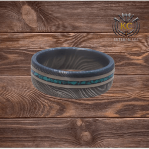 Handmade Damascus Steel Ring with Titanium & Turquoise Inlay
