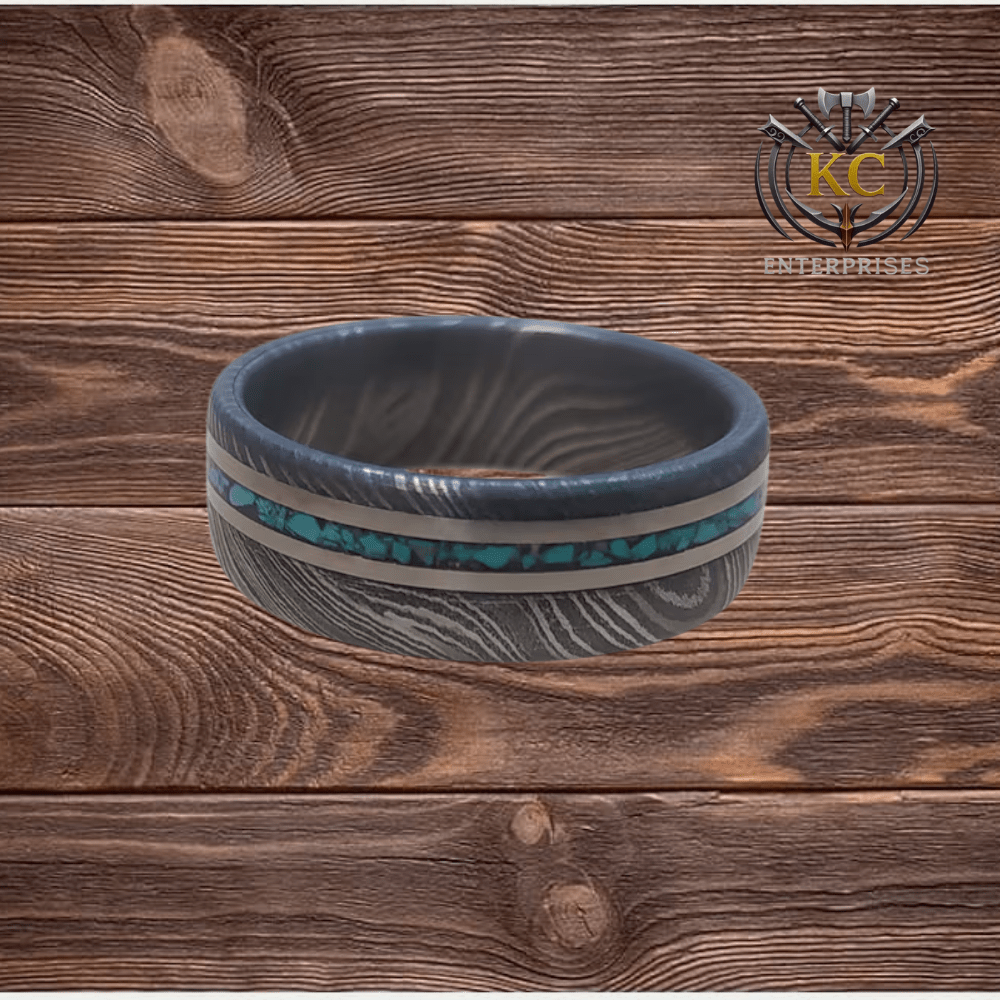 Handmade Damascus Steel Ring with Titanium & Turquoise Inlay