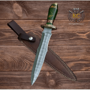 Handmade Damascus Steel Athame Knife: Resin Handle, Leather Sheath