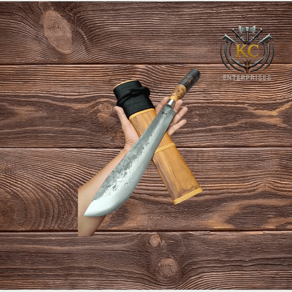 Handmade Forged Machete, Thai E-Nep Knife, 11.5'' Bearing Steel Blade, Bamboo Handle, Teak Scabbard