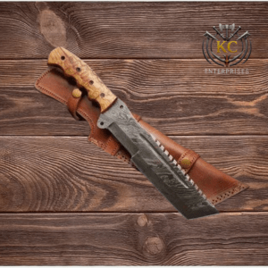 Damascus Tracker Knife with Wood Handle and Leather Sheath